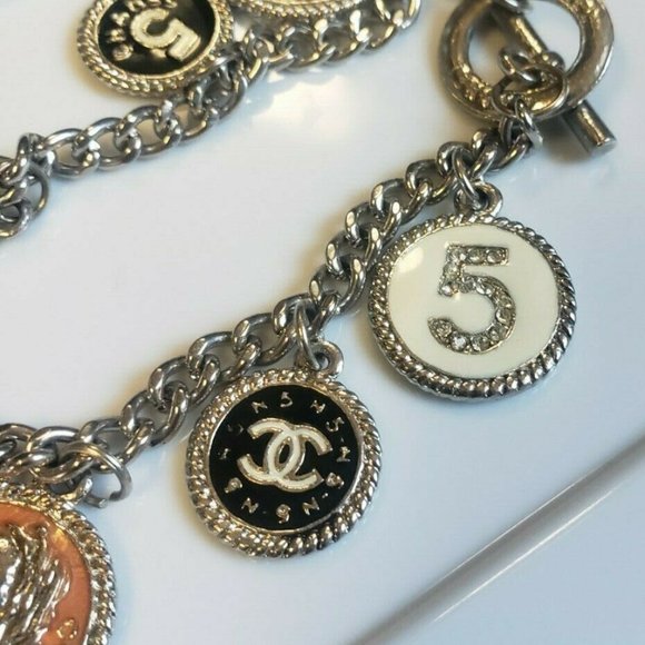 CHANEL ~ Vintage 90's Coco Chanel #5 CC Logo Rhinestone Charm Bracelet - Picture 4 of 8
